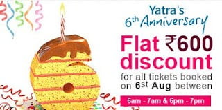[Only for Today] Yatra : Flat Rs.600 OFF on All Flight Tickets at Yatra.com(6a.m-7a.m and 6p.m-7p.m)