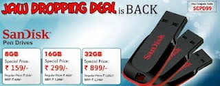 Jaw Dropping Deal: Sandisk 8 GB Pendrive @ Rs.159, 16 GB @ Rs.299 (Shipping Extra)