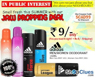 [Xpired] Shopclues Jaw Dropping Deal: Get Men and Women Adidas Deo worth Rs.165 at Rs.9 + Rs.9 shipping