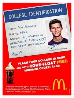 [Mumbai, Navi Mumbai, Thane Deal] McDonalds Offer : Show your college ID card and get a Coke Float Free