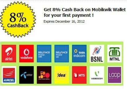 8% Cashback on Mobile Recharge at Mobikwik.com