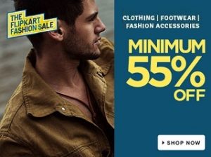 Minimum 55% Off on Clothing | Footwear | Bags Belts & Wallets | Perfumes | Toys & School supplies @ Flipkart