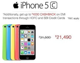 Special Price: Apple Iphone-5C  for Rs. 21490 @ Amazon (Get up to Rs.4000 Cashback against Purchase on EMI Transactions)