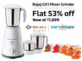 Bajaj GX 1 Mixer Grinder 500 Watt worth Rs.3595 for Rs.1699 @ Flipkart