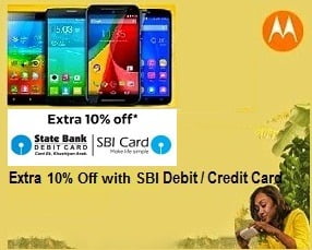 Get instant 10% Extra Discount on All Motorola Smart Phones with SBI Credit / Debit Cards (Offer Valid till 24th June’15 on Flipkart App)