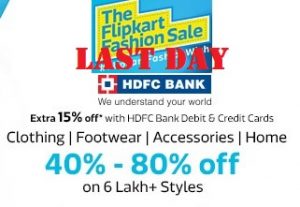 Fashion & Lifestyle Products @ Flipkart – 40% to 80% Off + Extra 15% Off on Min Cart Value of Rs.1499 for HDFC Credit / Debit Cards (Valid from 31st July to 2nd Aug’15)