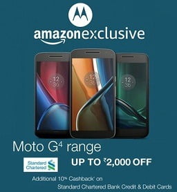 MOTO G4 Phones – upto Rs.2000 Off + Extra 10% Cashback with Standard Chartered Bank Cards @ Amazon