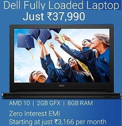 Dell Inspiron 5555 APU Quad Core A10 – (8 GB/1 TB HDD/Windows 10/2 GB Graphics) Notebook for Rs.37990 + 3 Yrs Warranty @ Flipkart