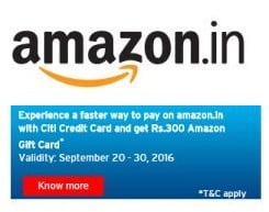 Pay with CITI Bank Credit Card @ Amazon & Get Rs.300 worth Amazon Gift Card On Rs.2000 (Rs.1000 + 1000)