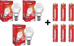 Eveready 9W LED Bulb Pack of 3 with Free 6 Batteries (White, Pack of 3) for Rs.262 @ Flipkart