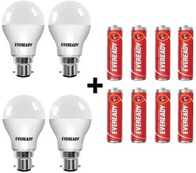 Eveready 9 Watt B22 LED Bulb  (White, Pack of 4) with FREE 8 Batteries for Rs.359 – Flipkart