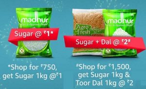 Amazon Fresh: Shop for Rs.690 Get Free 1 Kg Madhur Sugar | Shop for Rs.1329 Get Free 1 Kg Madhur Sugar & 1 Kg Agro Fresh Regular Toor Dal
