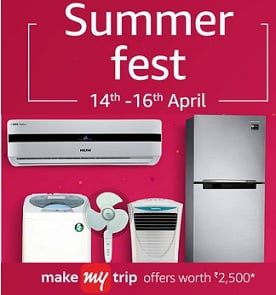 Amazon Summer Fest on Large Home Appliances + Rs.2500 worth Makemy Trip Gift Voucher