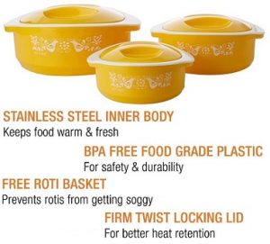 Solimo Sparkle Insulated Casseroles Set with Roti Basket for Rs.399 @ Amazon (Limited Period Deal)