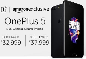 OnePlus 5 Smartphone: (6GB RAM, 64GB ROM) for Rs.32,999 | (8GB RAM, 128GB ROM) for Rs.37,999 – Amazon