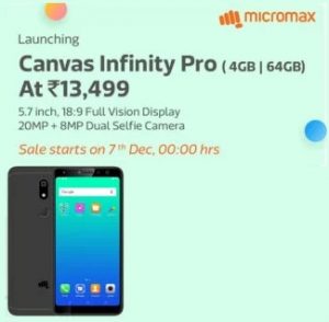 Micromax Canvas Infinity Pro (Black, 64 GB)  (4 GB RAM) for Rs.13,499 – Flipkart (Live at 7th Dec – 12 AM)