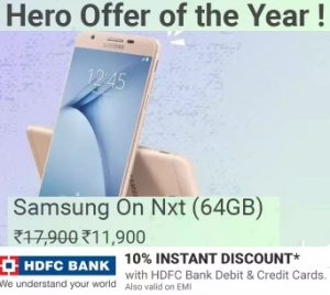 Great Deal: Samsung Galaxy On Nxt (64 GB, 3 GB) for Rs.9,900 (with SBI Credit card Rs. 8910)- Flipkart