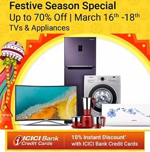 Amazon TVs and Appliances Sale up to 70% off + No Cost EMI + Exchange Off + Extra 10% off with ICICI Credit Card