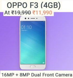 Get Rs.8000 off on Oppo F3 (4 GB, 64 GB) for Rs.11,990 + 5% Extra off with SBI Credit Card – Flipkart
