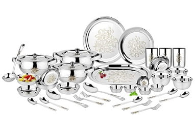 Classic Essentials Stainless Steel Glory Premium Dinner Set 64 Piece With Lazer Design worth Rs.6,500 for Rs.2549 – Flipkart
