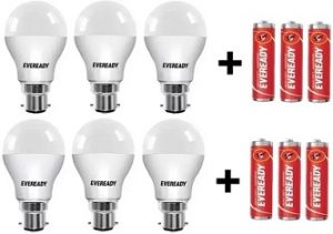 Eveready 10 W LED Bulb pack of 6 + 6pc Free Batteries for Rs.450 – Flipkart