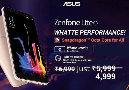 Asus ZenFone Lite L1 (2 GB RAM, 16 GB ROM) for Rs.4,999 – Flipkart