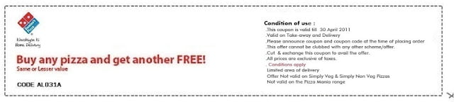 [Deal Expired]Domino’s Buy one get one pizza free coupon