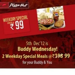 Pizza Hut Treat Weekday Meal for 2 worth Rs.198 at Rs.99 (taxes extra)