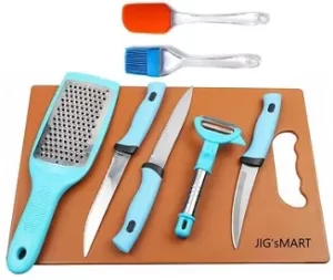 JIGsMART Knife Set with Chopping Board Stainless Steel 3 Knife, 1 Peeler, 1 Greater with 1 Silicone Spatula & 1 Oil Brush