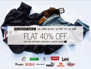 10 Hours Sale on Top Brand Apparels: Flat 40% Off + Extra 20% or 32% or 35% Discount