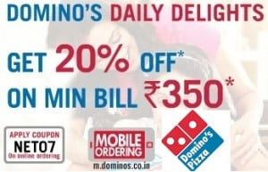 Flat 20% Off on Purchase of Domino’s Pizza worth Rs.350 or above