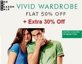 United Colors of Benetton Men’s / Women’s Clothing & Footwear – Flat 50% Off + Extra 30% Off @ Myntra