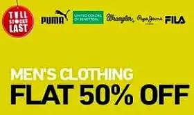 Great Discount on Top Brands: Flat 50% Off on Mens Clothing
