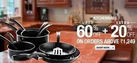 Kitchenware: Up to 60% Off + Extra 20% Off on Cart Value of Rs.1249 or above