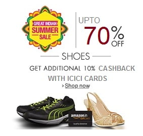 Amazon Summer Sale on Men’s / Women’s Footwear: Up to 70% Off + Extra 10% Cashback with ICICI Cards