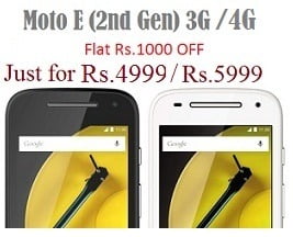 MOTO-E (2nd Gen) 3G / 4G: Flat Rs.1000 Off just for Rs.4999 / Rs.5999 @ Flipkart App + 10% Extra Off for Standard Chartered Cards