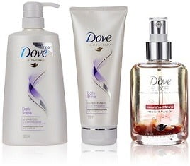 Dove Daily Shine Shampoo 650ml and Conditioner 180ml Combo Pack with Free Dove Elixir Nourished Shine Hair Oil, 90ml