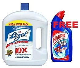 Combo Offer: Lizol Disinfectant Floor Cleaner – 2000 ml (Pine) with FREE Harpic – 500 ml for Rs.260 @ Amazon