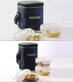BorosilKlip-N-Store Lunch Boxes With Bag Set of 3 for Rs.929 @ Amazon