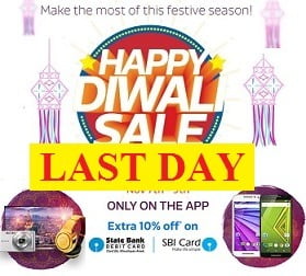 Flipkart Happy Diwali Sale: Special Discount Offers for Mobile App Users + 10% Extra Off on SBI Credit / Debit Card (From 7th to 9th Nov’15)