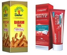 Colgate Visible White Plus Shine Toothpaste – 100 g for Rs.74 | Dabur Badam Tail – 100ml for Rs.245  @ Amazon