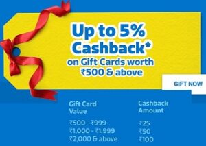 Flipkart Gift Card – Get 5% Cashback on Min Rs.500 & above (Valid till Today)