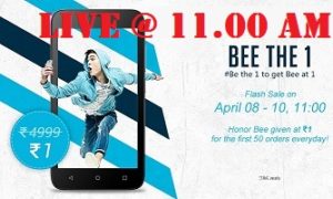 Get Honor BEE Smart Phone just for Rs.1 Only to First 50 Customer Everyday (Offer Valid from 8th to 10th April’16 @11 AM)