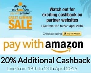 Get 20% Cashback (Amazon.in GV) on making Payment with “Pay with Amazon” Wallet (Valid till 24th April’16)