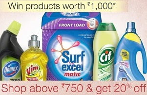 Amazon Home Cleaning Festival: Shop above Rs.750 & Get 20% Extra Off + Chance to Win Rs.1000 worth Product (Till 21st May’16)