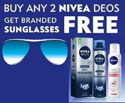 Buy any Two Nivea Deos from the Selected Range and Get Sun Glass Wayfarer worth Rs.499 Free @ Bigbasket