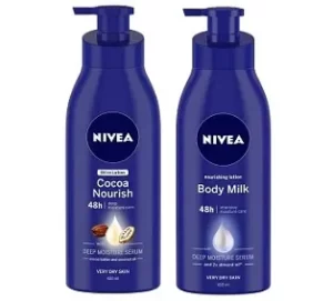 Nivea 400ml Cocoa Nourish Oil Body Lotion For Very Dry Skin And 400ml Nourishing Lotion Body Milk with Deep Moisture Serum