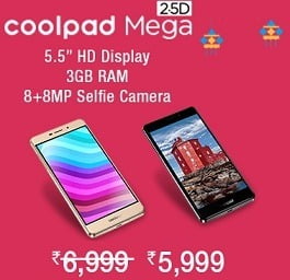 Flat Rs.1000 Off on Coolpad Mega 2.5D (16Gb ROM, 3 GB RAM, 4G, 5.5″ Display) for Rs.5999 @ Amazon (with CITI Bank Card Rs.5399)