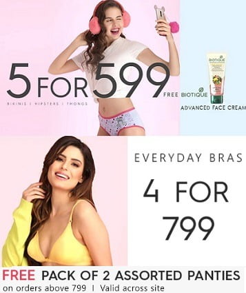 4 Bras just for Rs.799 and 5 Briefs for Rs.599 + Free 1 Pc Camisole + 3 Pcs Toiletry Kit @ Clovia