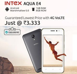 Intex Aqua E4 (4G VoLTE, 1GB RAM, 8GB ROM, Android v 6.0 Marshmallow) Mobile Phone for Rs. 3166 + Rs.267 Cashback @ Shopclues